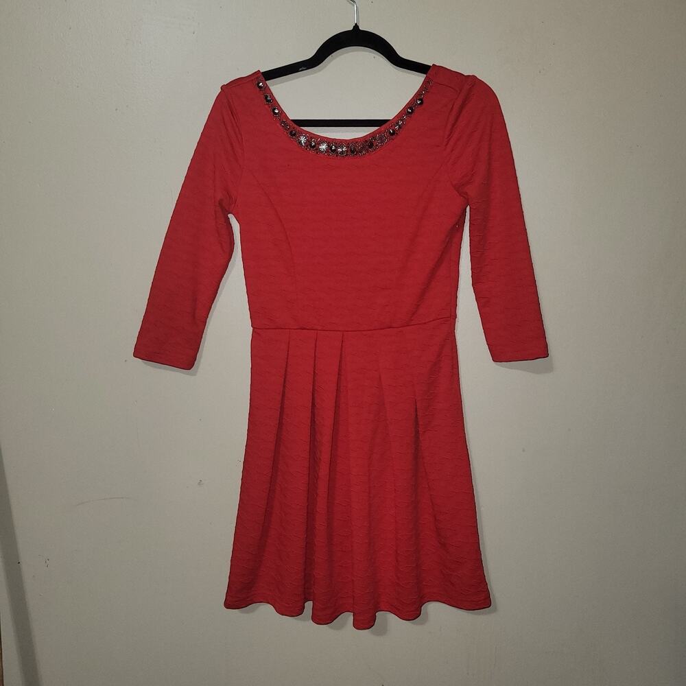 Red Textured Beaded Neckline Fit & Flare Dress V-Back Bow id3107f Small